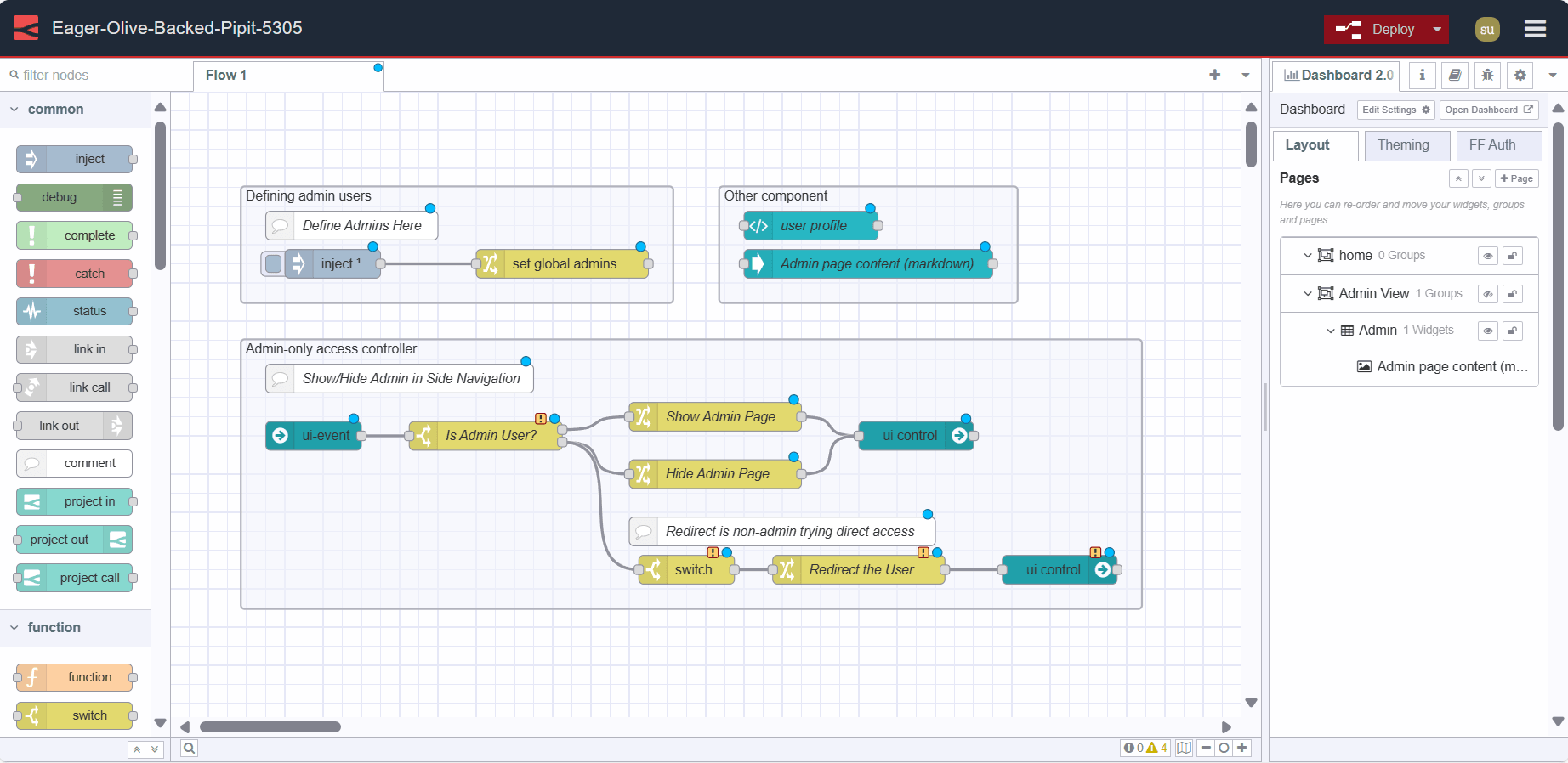 Screenshot displaying the FlowFuse Editor with flow of admin-only page "Screenshot displaying the FlowFuse Editor with flow of admin-only page"