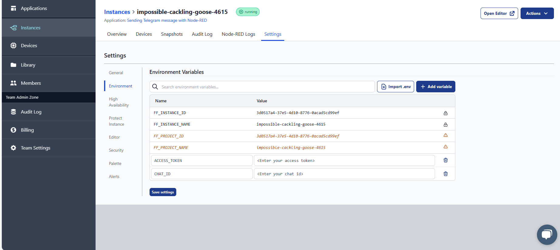 Screenshot displaying flowfuse instance settings for adding environment variable "Screenshot displaying flowfuse instance settings for adding environment variable"
